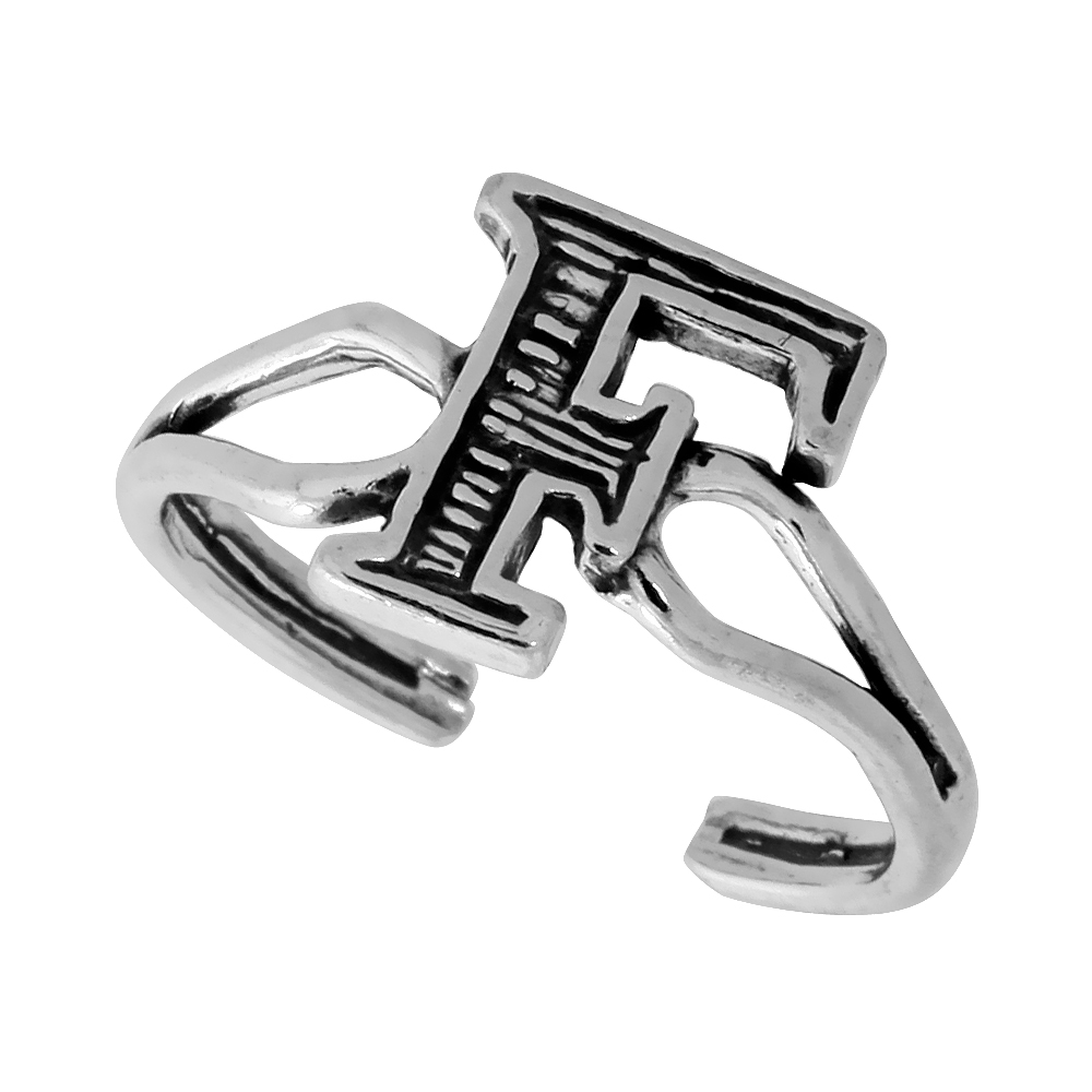 Sterling Silver Initial Letter F Alphabet Toe Ring / Baby Ring, Adjustable sizes 2.5 to 5, 3/8 inch wide