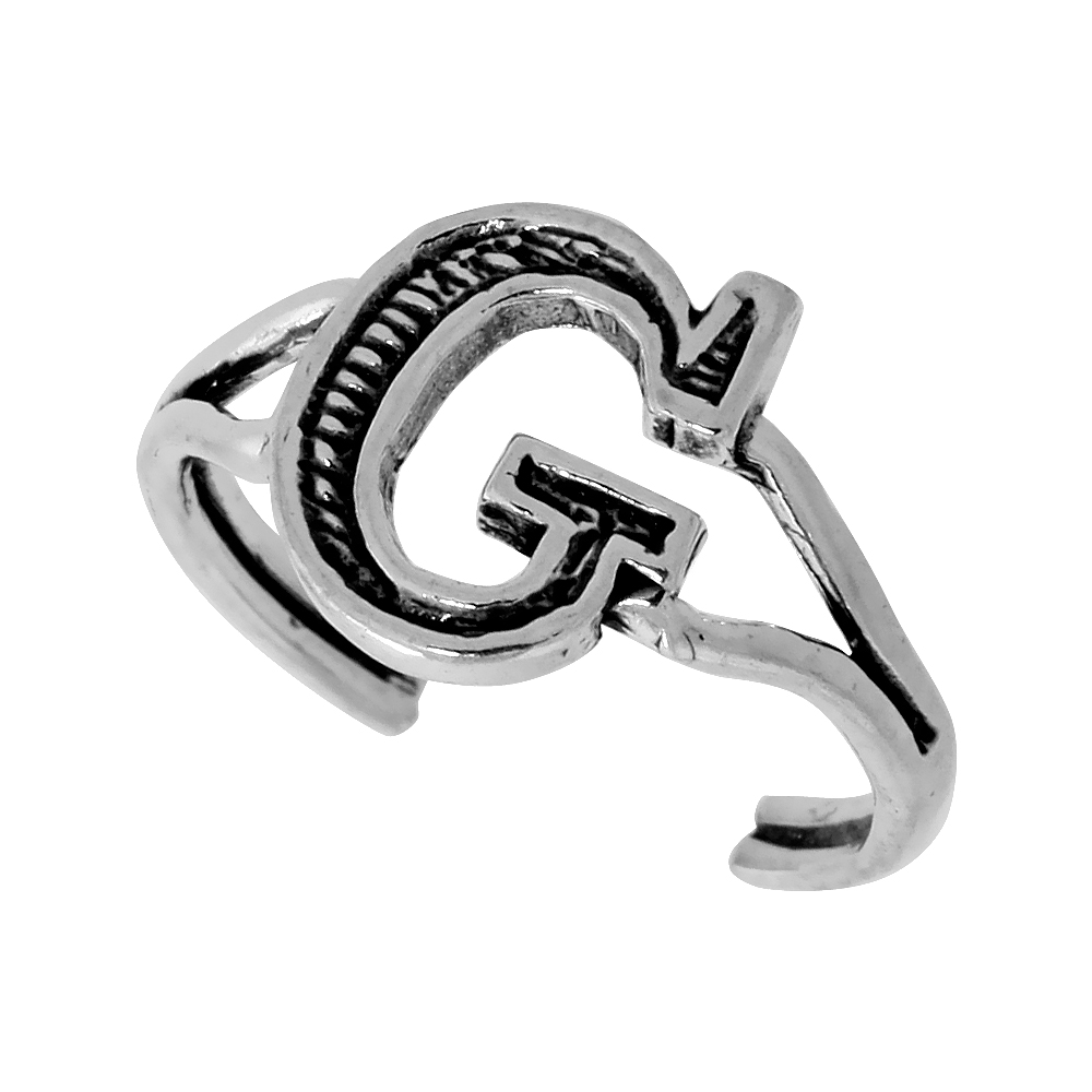 Sterling Silver Initial Letter G Alphabet Toe Ring / Baby Ring, Adjustable sizes 2.5 to 5, 3/8 inch wide