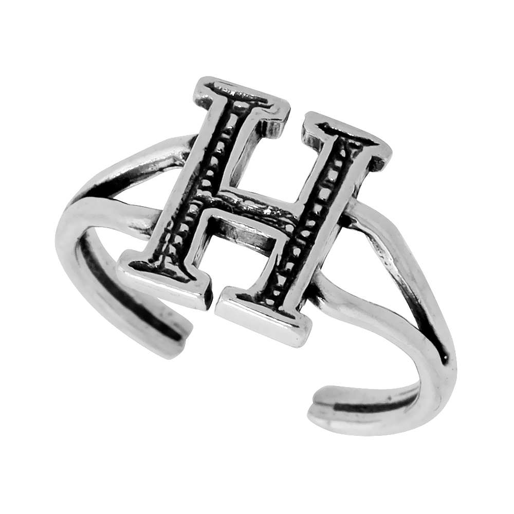Sterling Silver Initial Letter H Alphabet Toe Ring / Baby Ring, Adjustable sizes 2.5 to 5, 3/8 inch wide