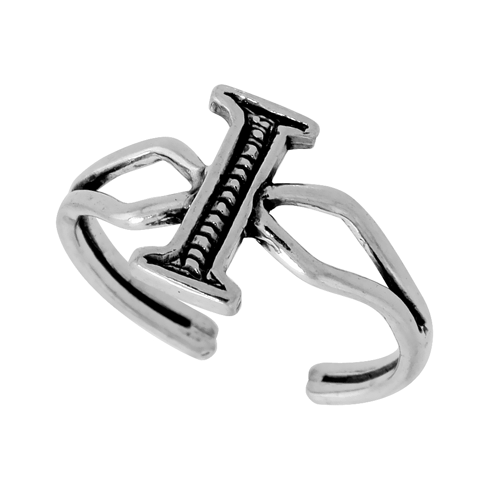 Sterling Silver Initial Letter I Alphabet Toe Ring / Baby Ring, Adjustable sizes 2.5 to 5, 3/8 inch wide