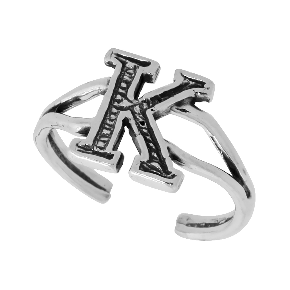 Sterling Silver Initial Letter K Alphabet Toe Ring / Baby Ring, Adjustable sizes 2.5 to 5, 3/8 inch wide