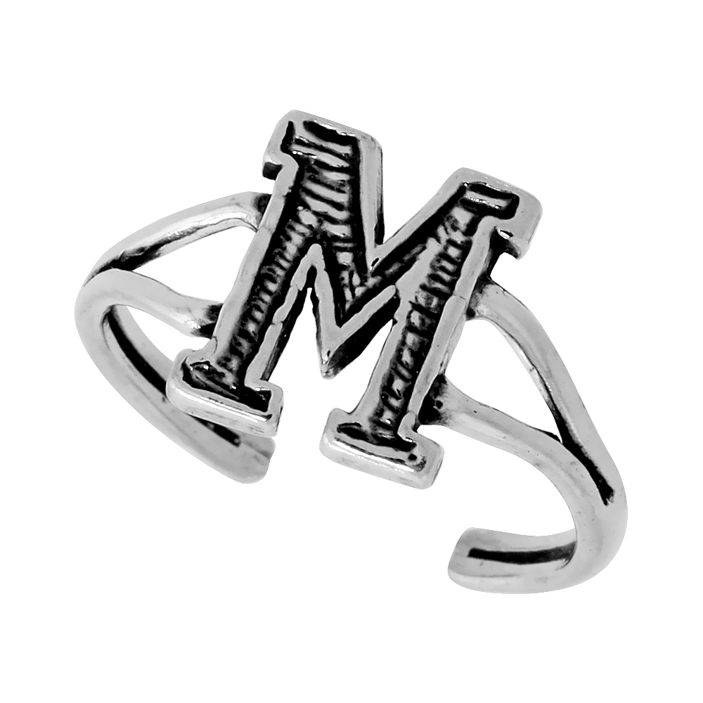 Sterling Silver Initial Letter M Alphabet Toe Ring / Baby Ring, Adjustable sizes 2.5 to 5, 3/8 inch wide