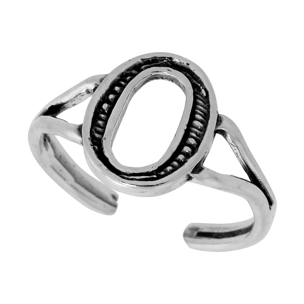 Sterling Silver Initial Letter O Alphabet Toe Ring / Baby Ring, Adjustable sizes 2.5 to 5, 3/8 inch wide