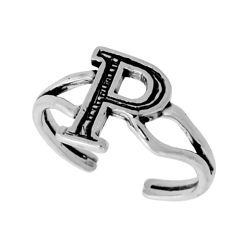 Sterling Silver Initial Letter P Alphabet Toe Ring / Baby Ring, Adjustable sizes 2.5 to 5, 3/8 inch wide