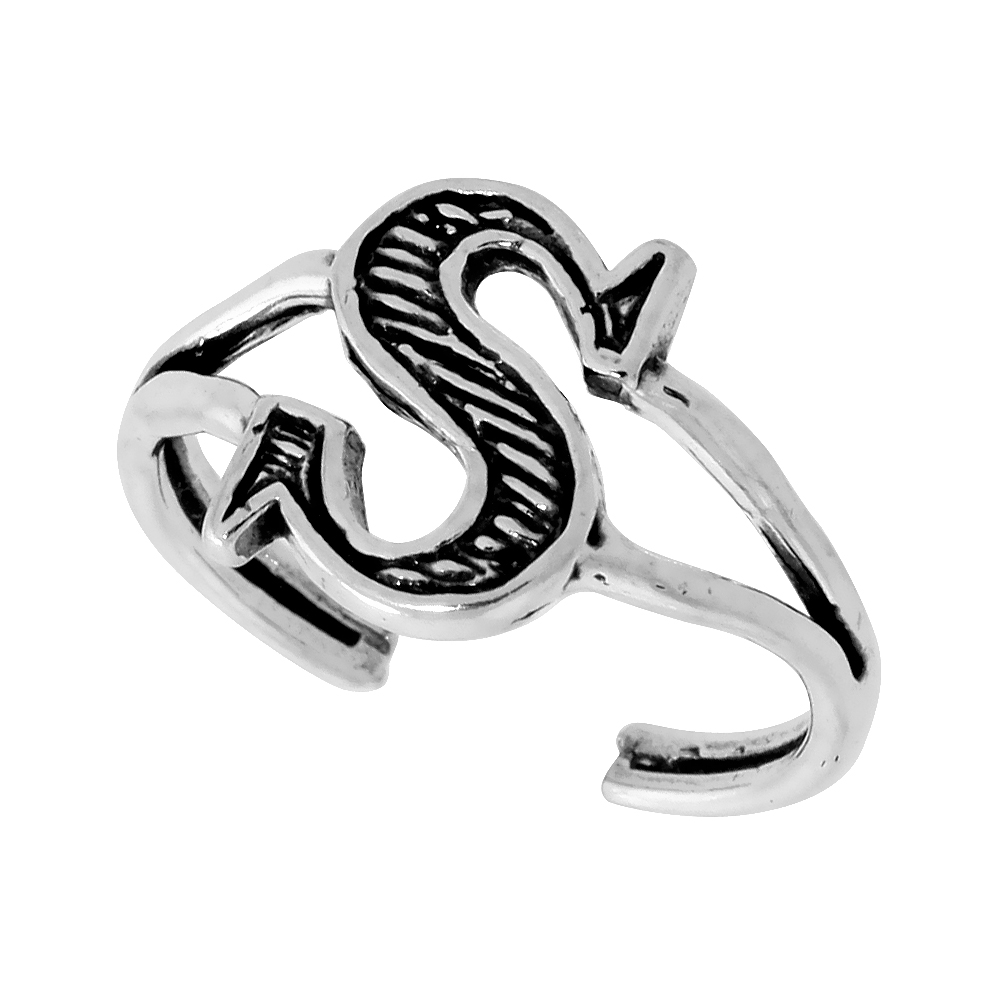 Sterling Silver Initial Letter S Alphabet Toe Ring / Baby Ring, Adjustable sizes 2.5 to 5, 3/8 inch wide