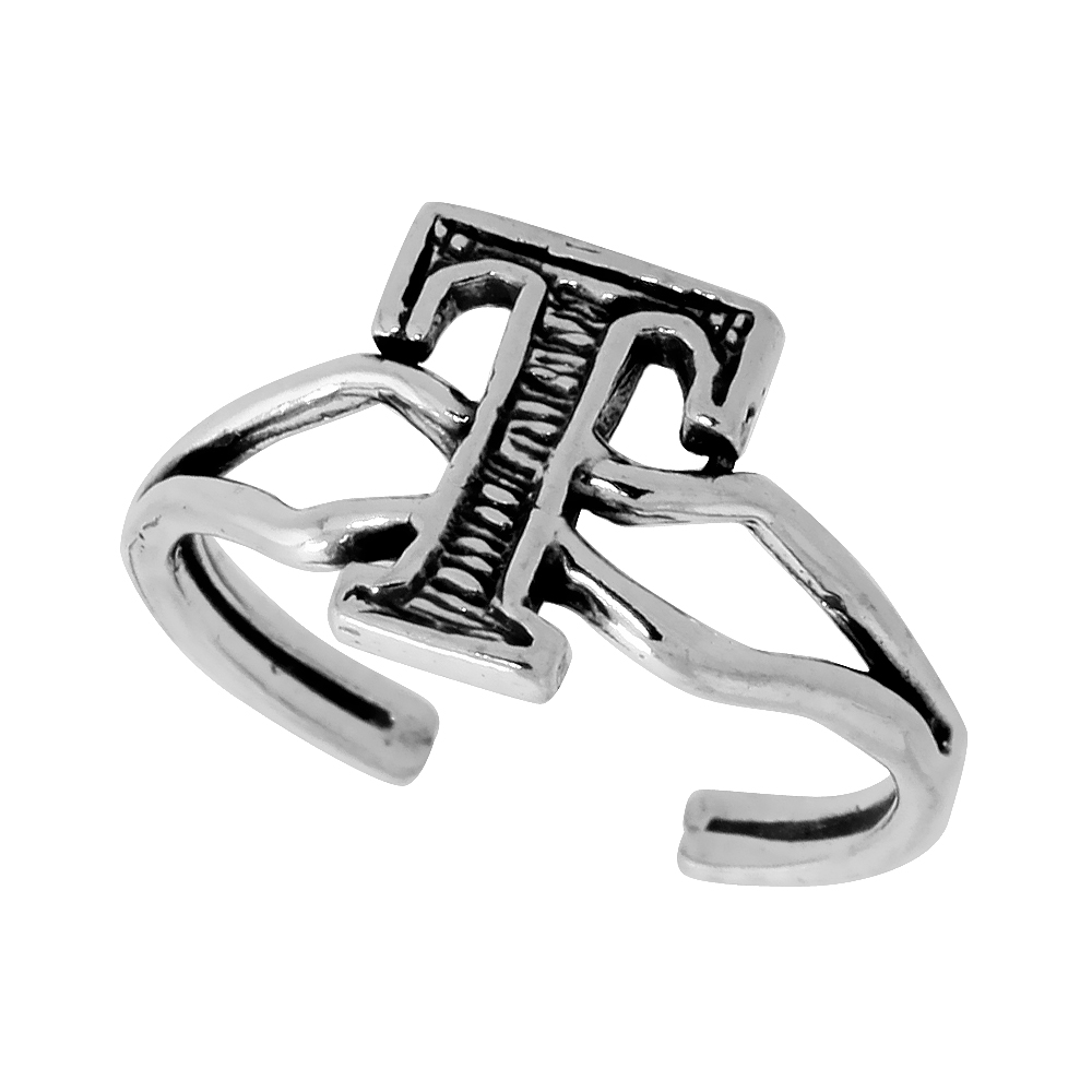 Sterling Silver Initial Letter T Alphabet Toe Ring / Baby Ring, Adjustable sizes 2.5 to 5, 3/8 inch wide