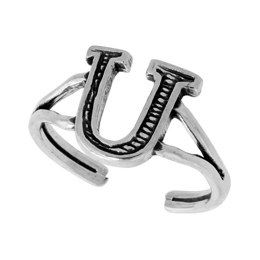 Sterling Silver Initial Letter U Alphabet Toe Ring / Baby Ring, Adjustable sizes 2.5 to 5, 3/8 inch wide