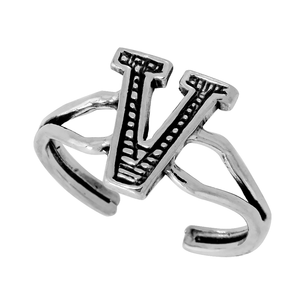 Sterling Silver Initial Letter V Alphabet Toe Ring / Baby Ring, Adjustable sizes 2.5 to 5, 3/8 inch wide