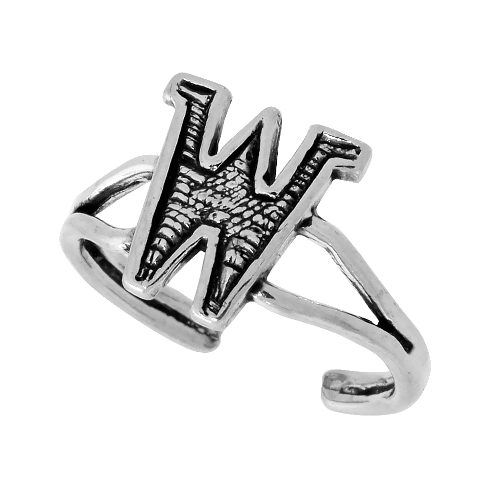 Sterling Silver Initial Letter W Alphabet Toe Ring / Baby Ring, Adjustable sizes 2.5 to 5, 3/8 inch wide