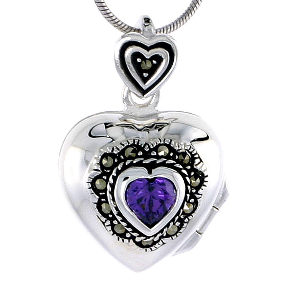 Heirloom Quality Sterling Silver Marcasite / CZ Amethyst Heart Locket.