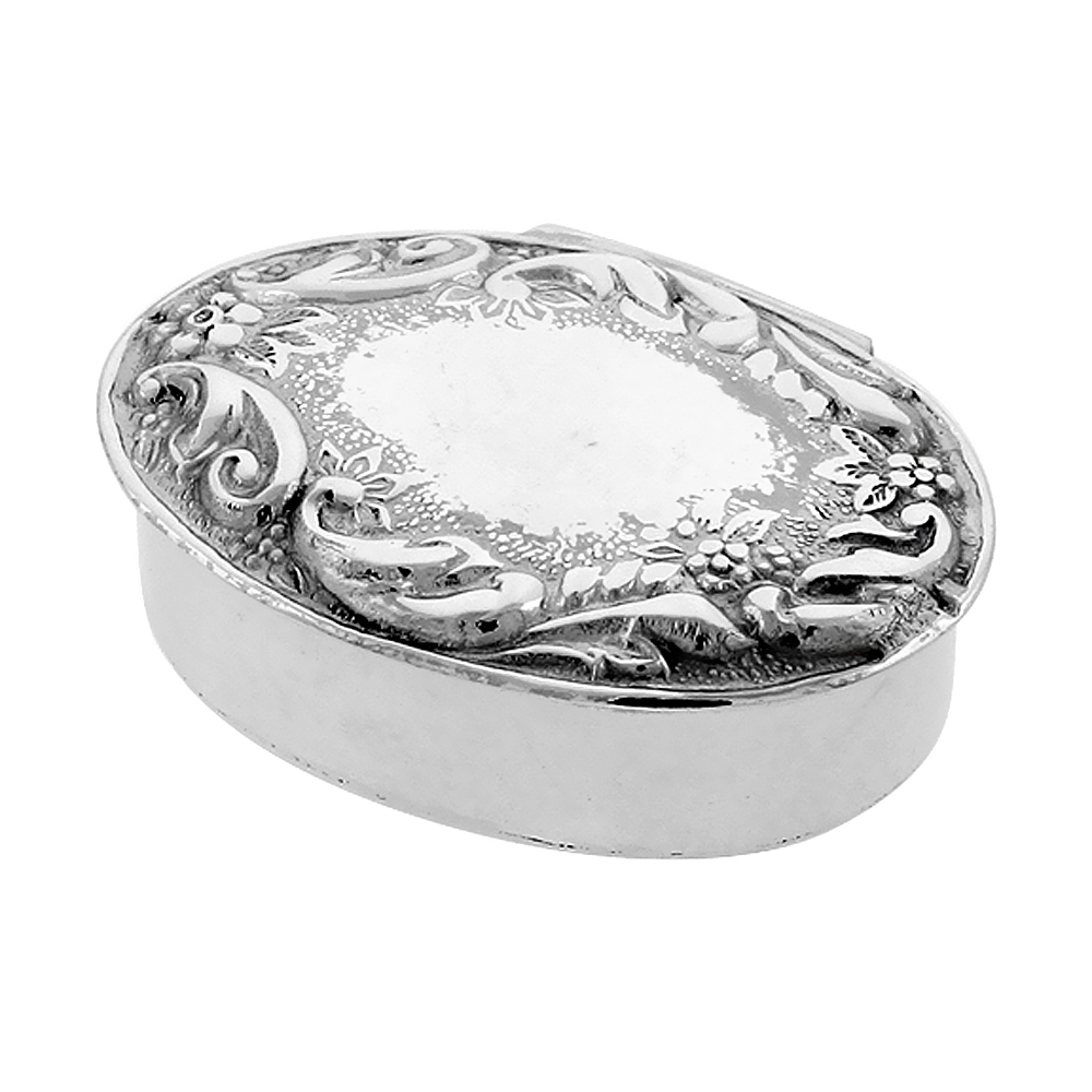 Sterling Silver Pill Box Oval Shape Embossed Victorian Style, 1 5/16 x 7/8 inch