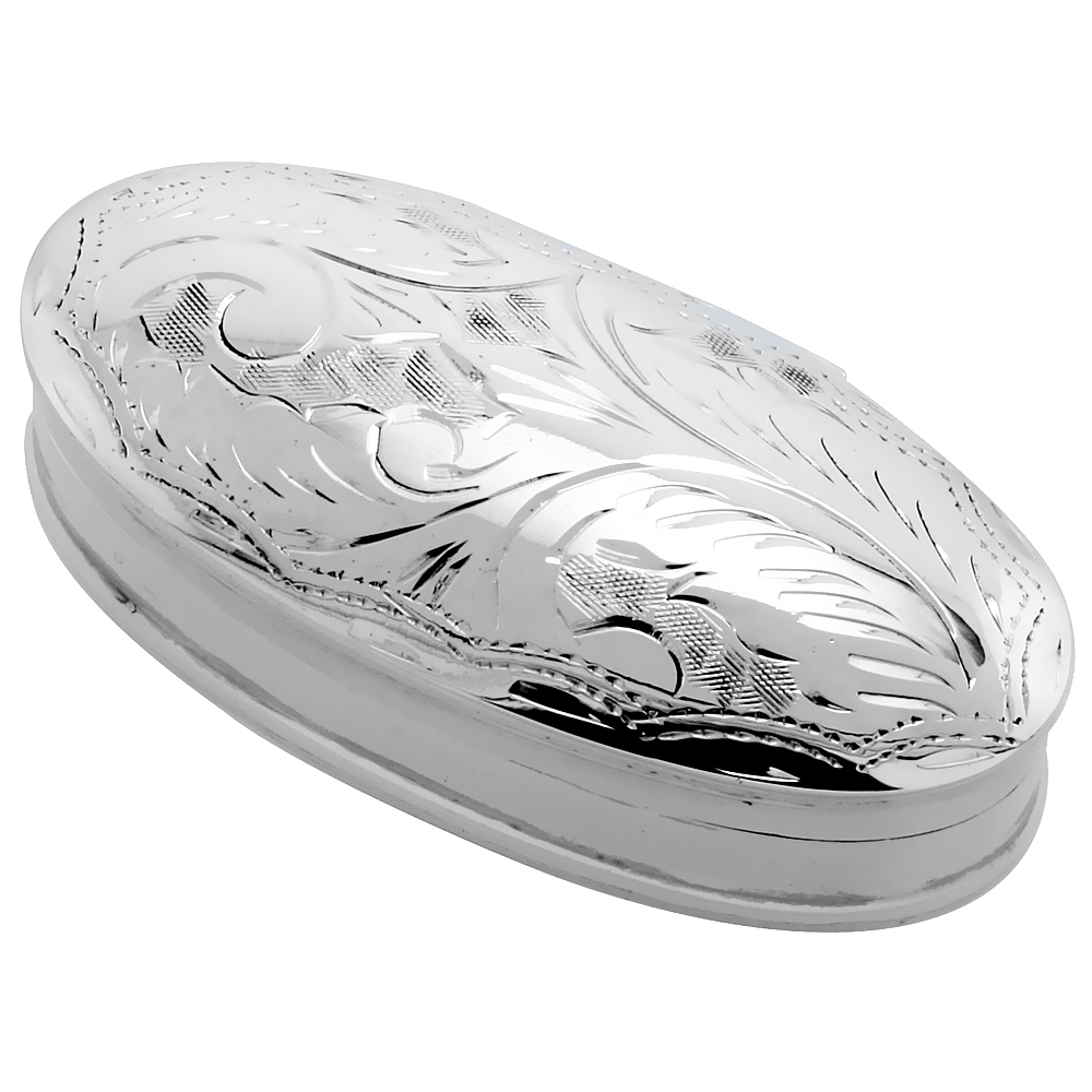 Sterling Silver Pill Box Elongated Oval Shape Engraved Design, 1 1 x 1 inch