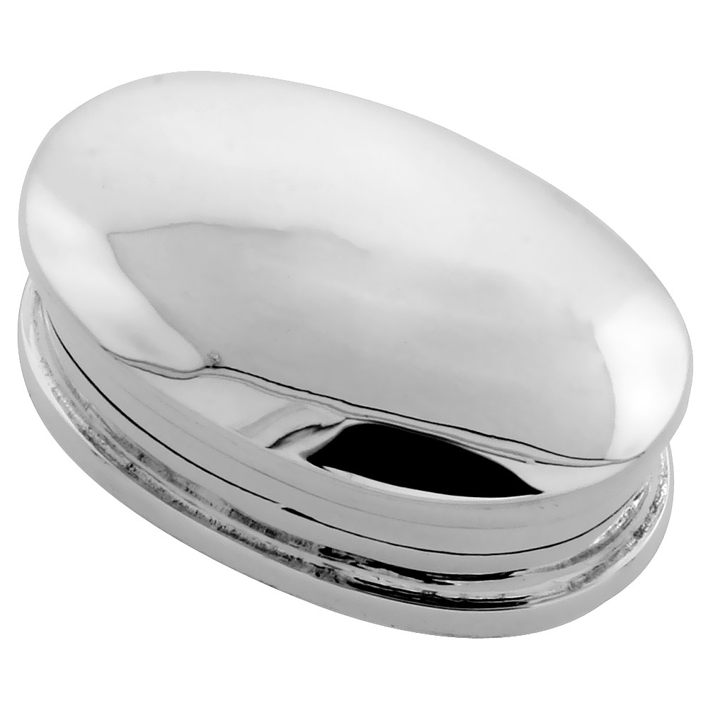 Sterling Silver Pill Box Oval Shape Plain High Polished Finish, 1 1/4 x 3/4 inch