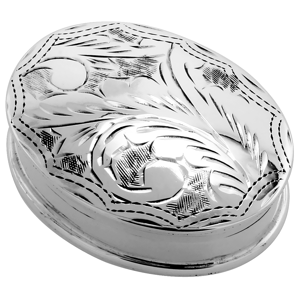 Sterling Silver Pill Box Oval Shape Engraved Finish, 1 5/16 x 1 inch