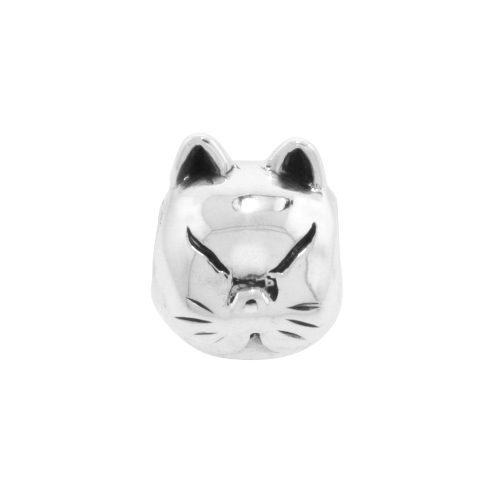 Sterling Silver Cat Face Bead Charm for most Charm Bracelets
