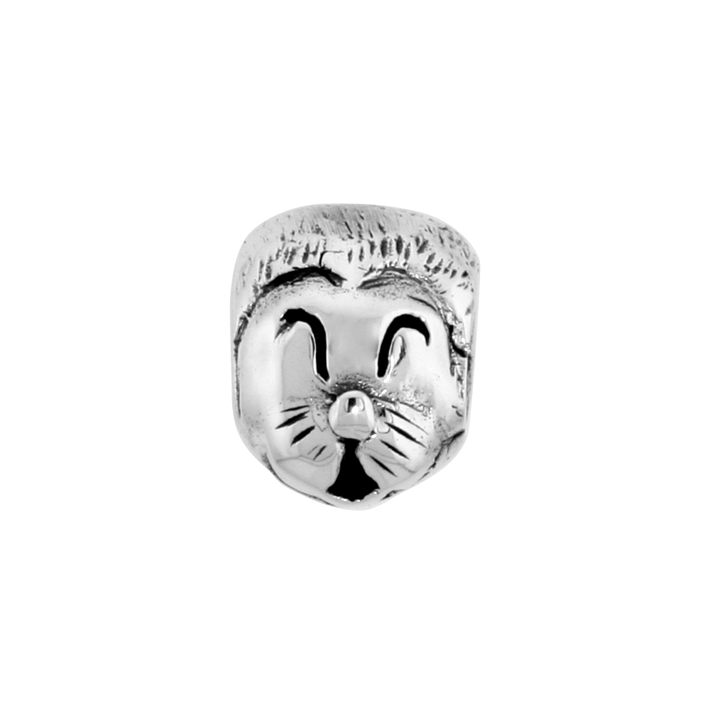 Sterling Silver Happy Cat Face Bead Charm for most Charm Bracelets