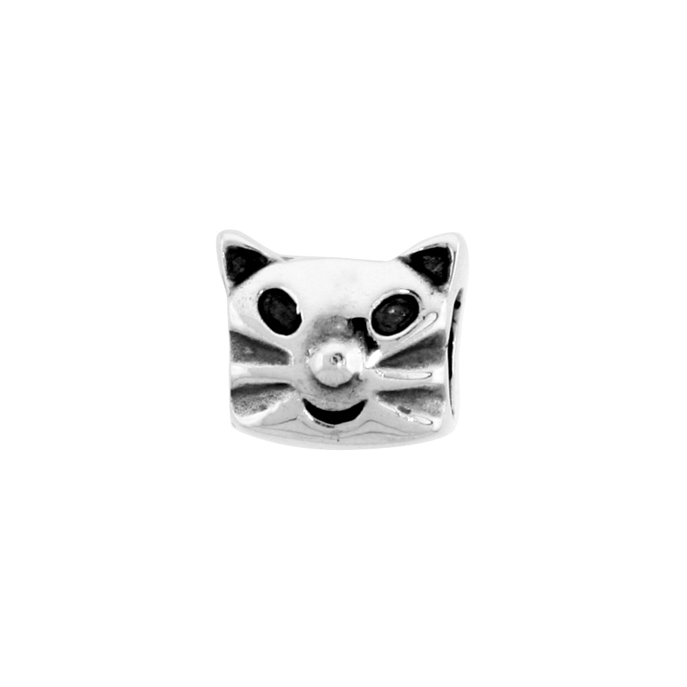 Sterling Silver Happy Cat Face Bead Charm for most Charm Bracelets