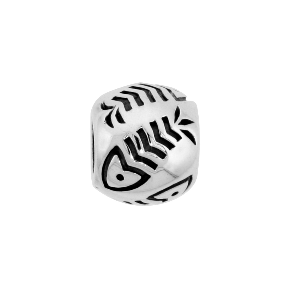 Sterling Silver Fish Bone Barrel Bead Charm for most Charm Bracelets