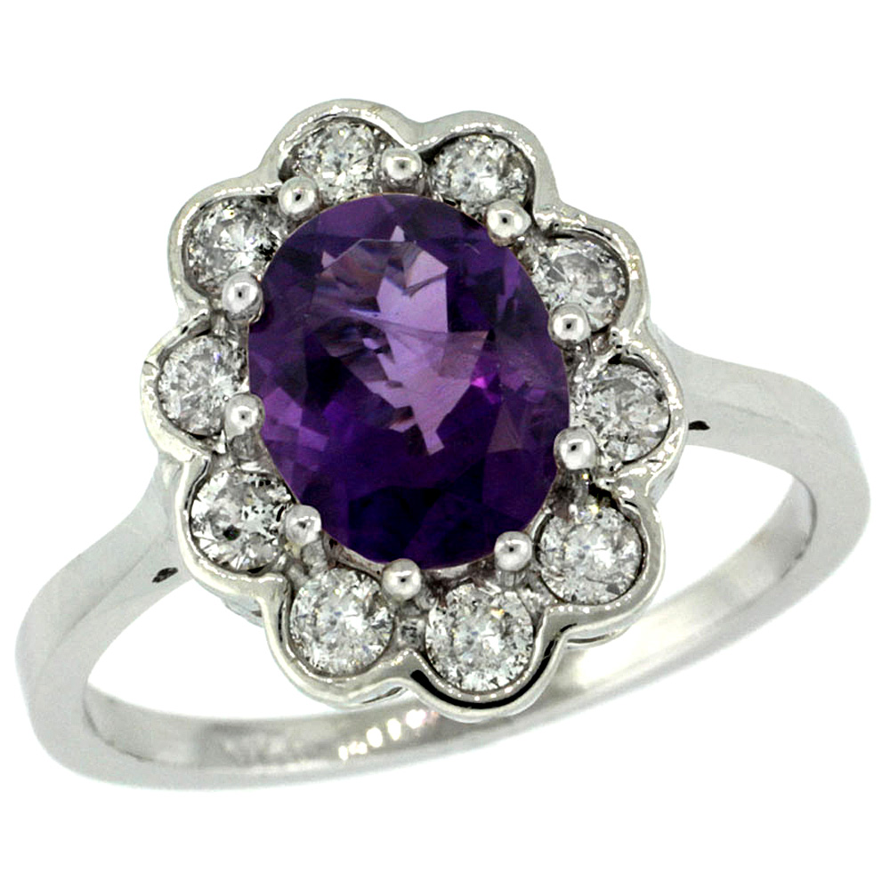 10K White Gold Halo Engagement Amethyst Engagement Ring Diamond Accents Oval 9x7mm, sizes 5 - 10 