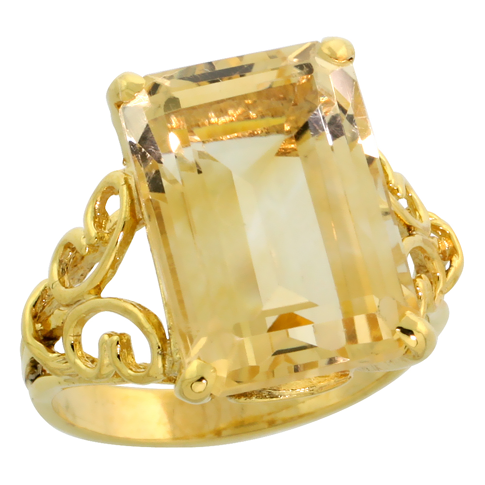 10k Gold Large Rectangular Center Stone Ring, w/ 8.00 Carats (14x10mm) Emerald Cut Citrine Stone, 9/16 in. (15mm) wide