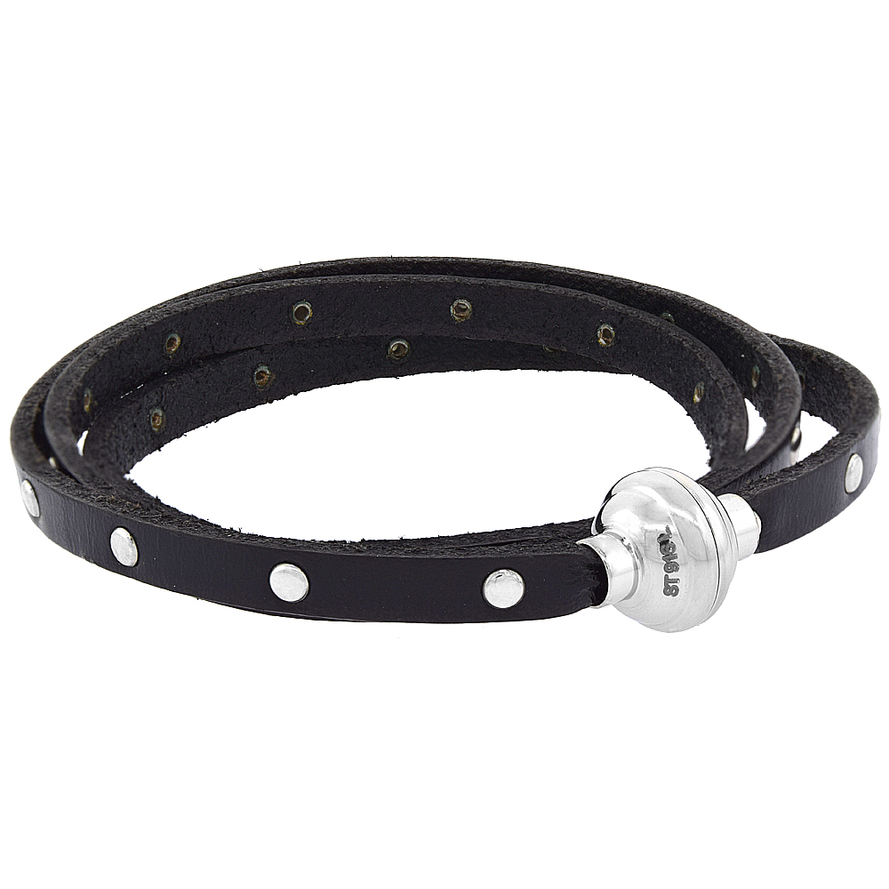 Black Studded Leather Bracelet For Women 3 Wrap Surgical Steel Black Studded Leather Bracelet For Women 3 Wrap Surgical Steel Neodymium