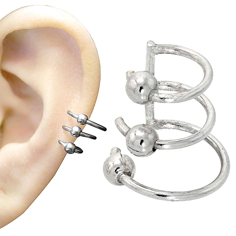 Sterling Silver Cartilage Hoop Earrings W Beads Non Pierced 3 Band Image Is Loading Sterling Silver Cartilage Hoop Earrings W Beads Non