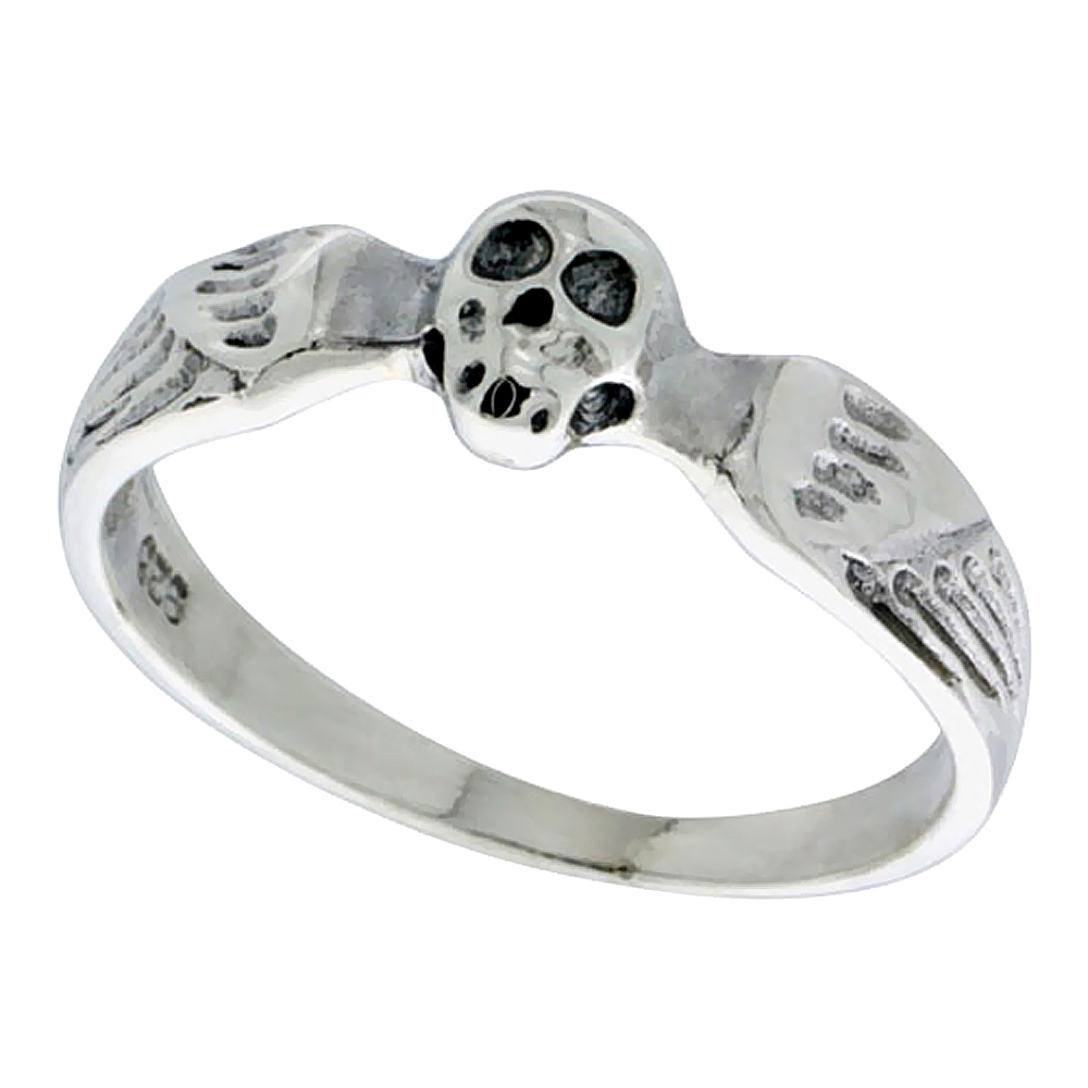 Sterling Silver Winged Skull Ring 3/16 inch wide, sizes 6 - 10 - Picture 1 of 1
