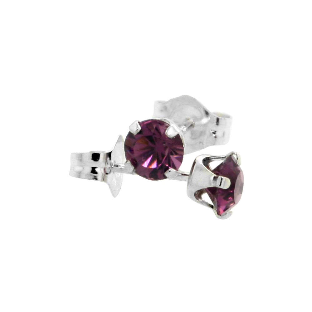 STERLING SILVER 4MM ROUND AMETHYST COLOR CRYSTAL STUD EARRINGS FEBRUARY BIRTHSTONES AUSTRIAN CUT 1/2 CT TOTAL