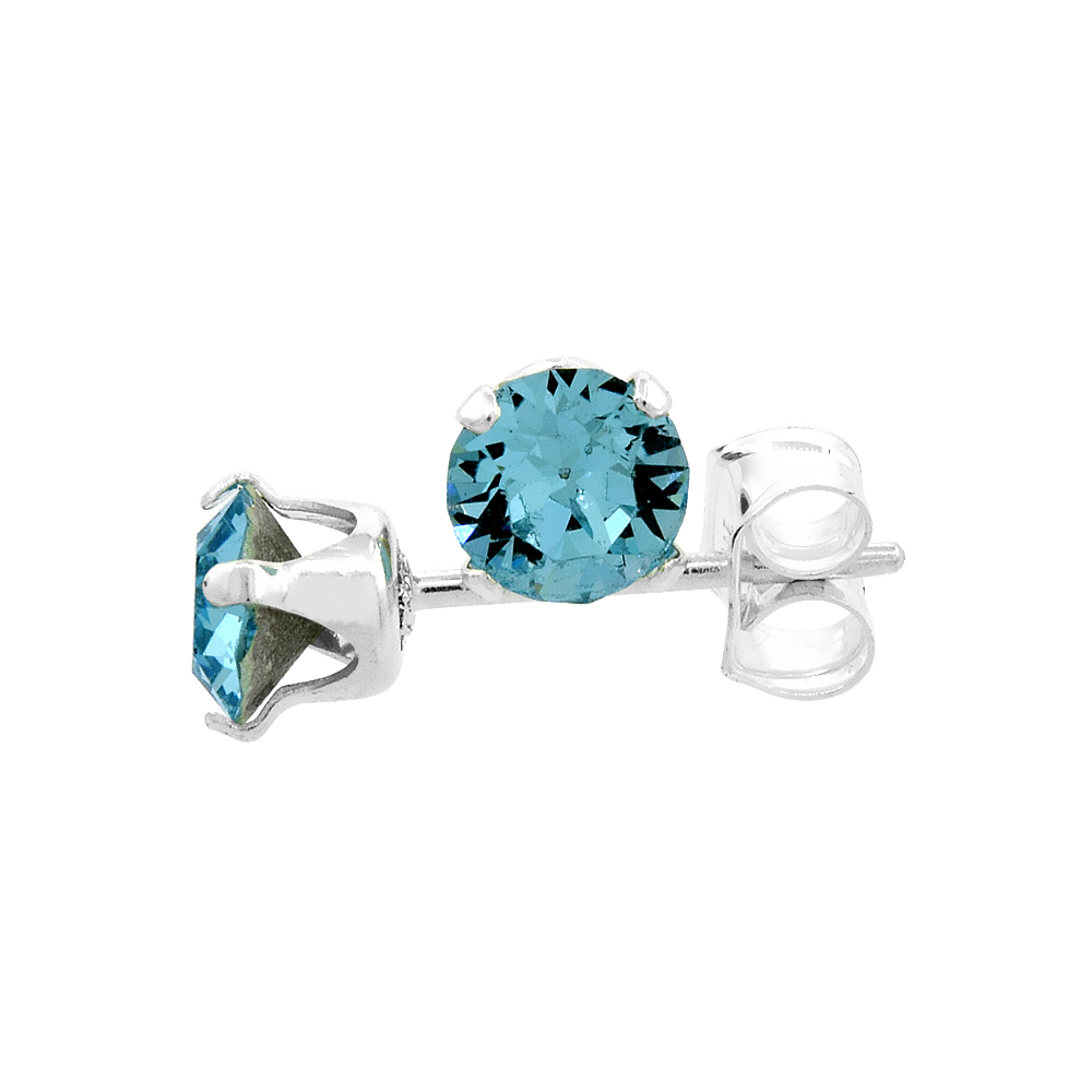 STERLING SILVER 4MM ROUND AQUAMARINE COLOR CRYSTAL STUD EARRINGS MARCH BIRTHSTONES AUSTRIAN CUT 1/2 CT TOTAL