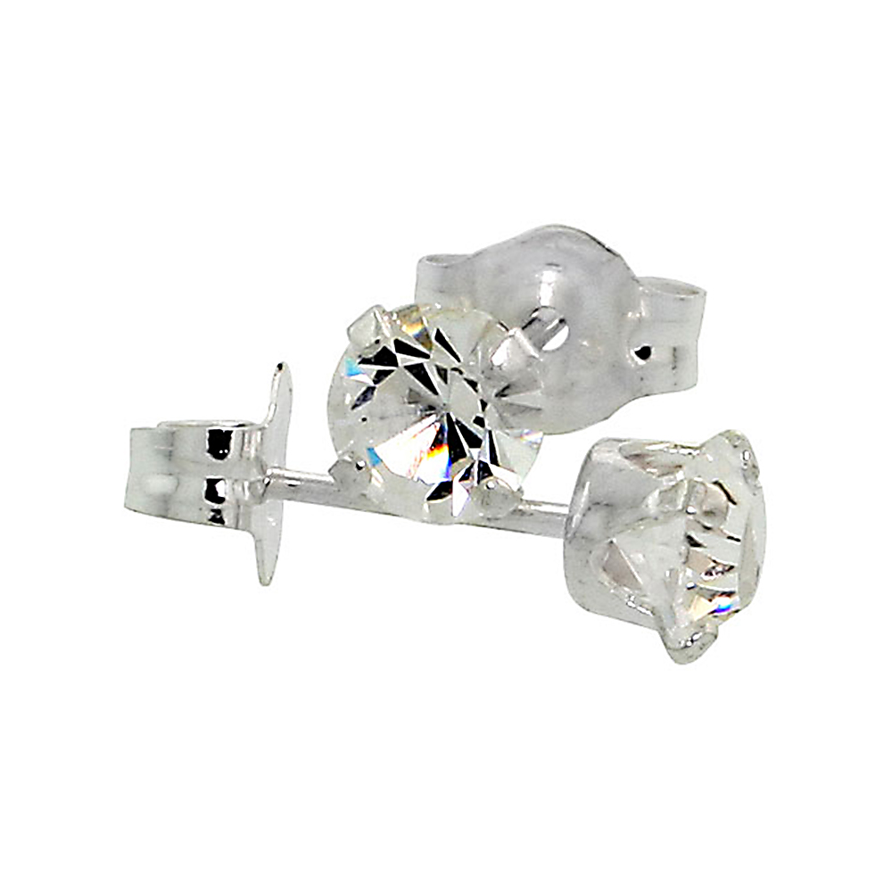 STERLING SILVER 4MM ROUND WHITE COLOR CRYSTAL STUD EARRINGS APRIL BIRTHSTONES AUSTRIAN CUT 1/2 CT TOTAL