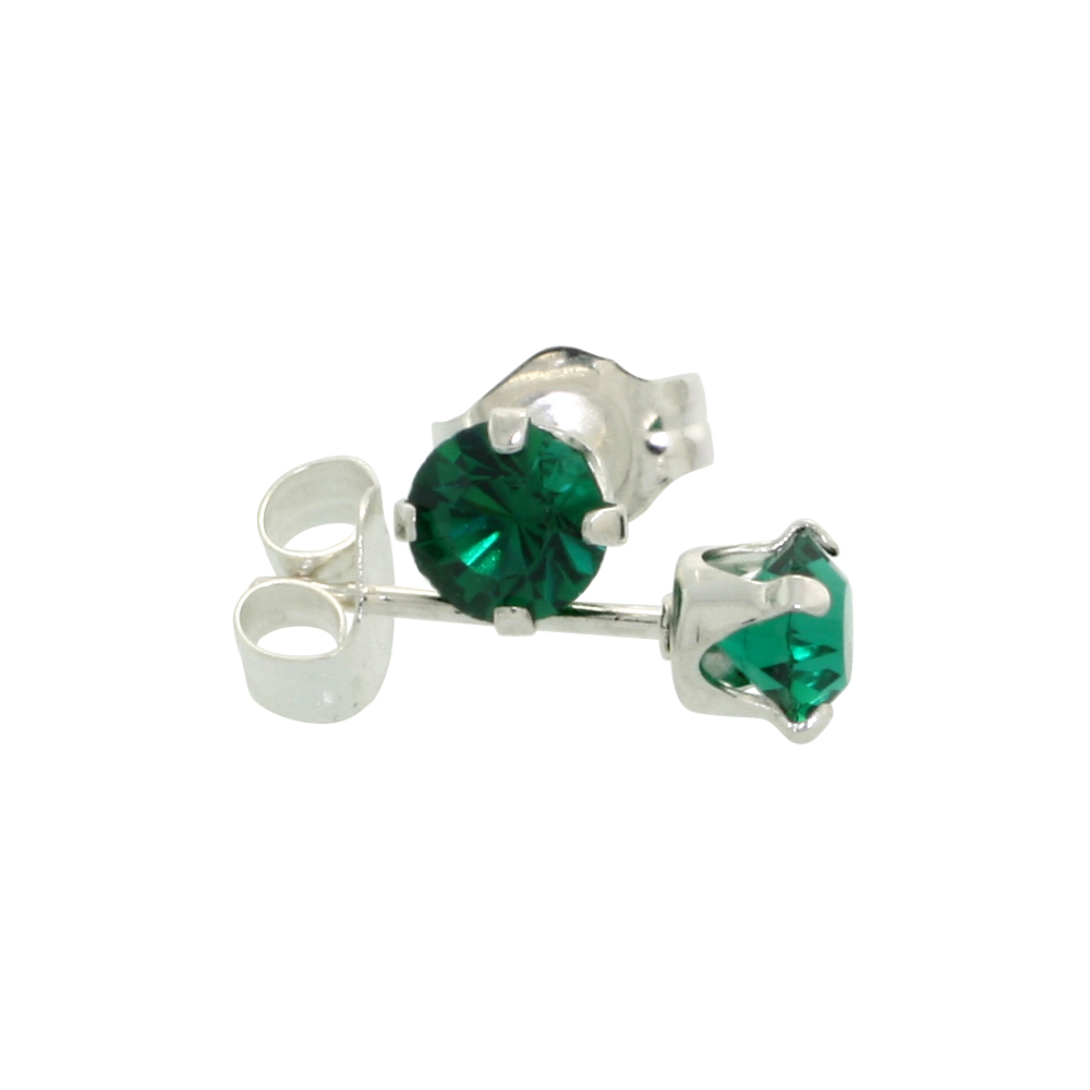 STERLING SILVER 4MM ROUND EMERALD COLOR CRYSTAL STUD EARRINGS MAY BIRTHSTONES AUSTRIAN CUT 1/2 CT TOTAL