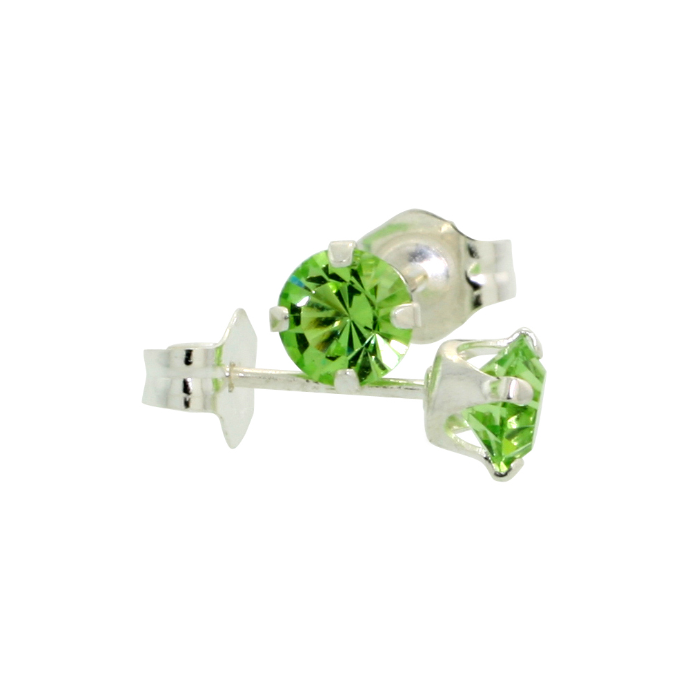 STERLING SILVER 4MM ROUND PERIDOT COLOR CRYSTAL STUD EARRINGS AUGUST BIRTHSTONES AUSTRIAN CUT 1/2 CT TOTAL