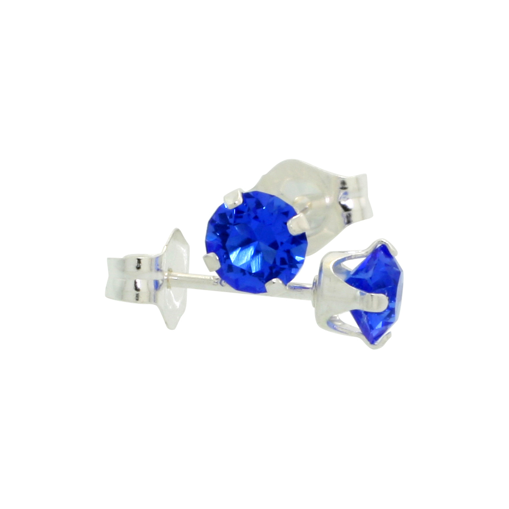 Sterling Silver 4mm Round Blue Sapphire Color Crystal Stud Earrings September Birthstones with Swarovski Crystals 1/2 ct total