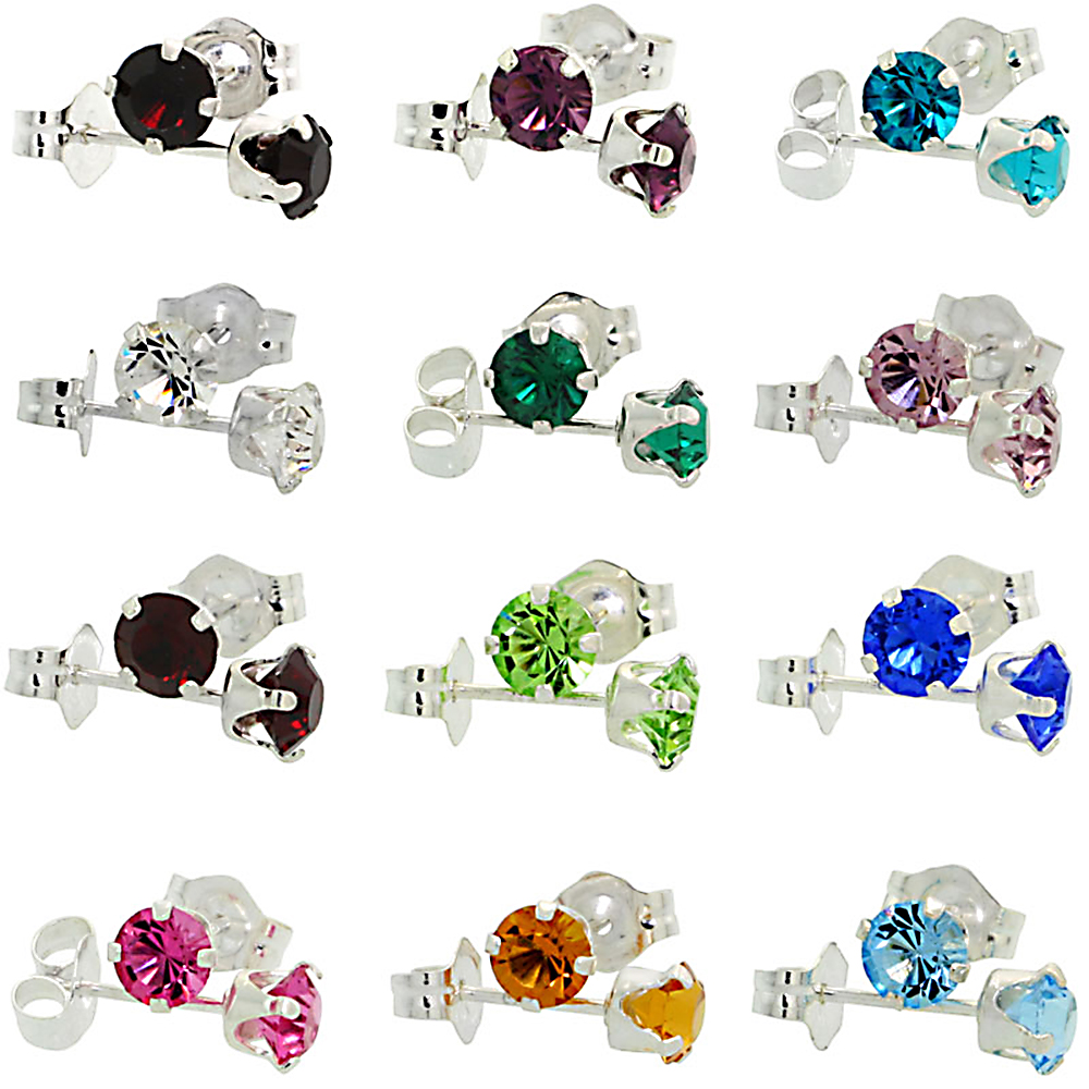 12 PAIR SET STERLING SILVER 4MM ROUND BIRTHSTONE COLORS CRYSTAL STUD EARRINGS WITH AUSTRIAN CRYSTALS 1/2 CT TOTAL