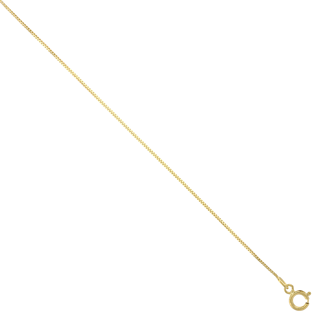 10K Solid Yellow Gold BOX Chain Necklace 0.66 mm Nickel Free, 16-24 inches long