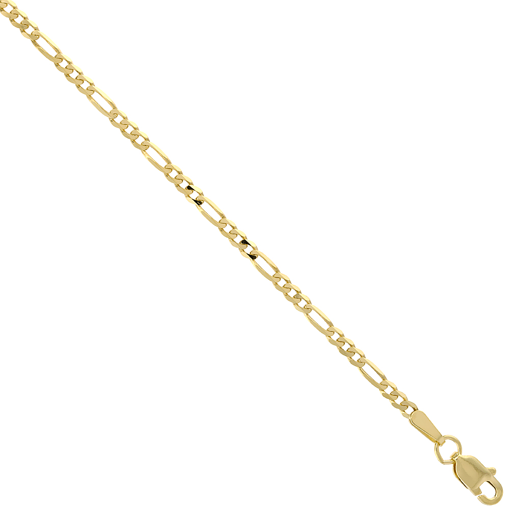 10K Solid Yellow Gold FIGARO Chain Necklace Concave 3.06 mm Nickel Free, 18-28 inches long