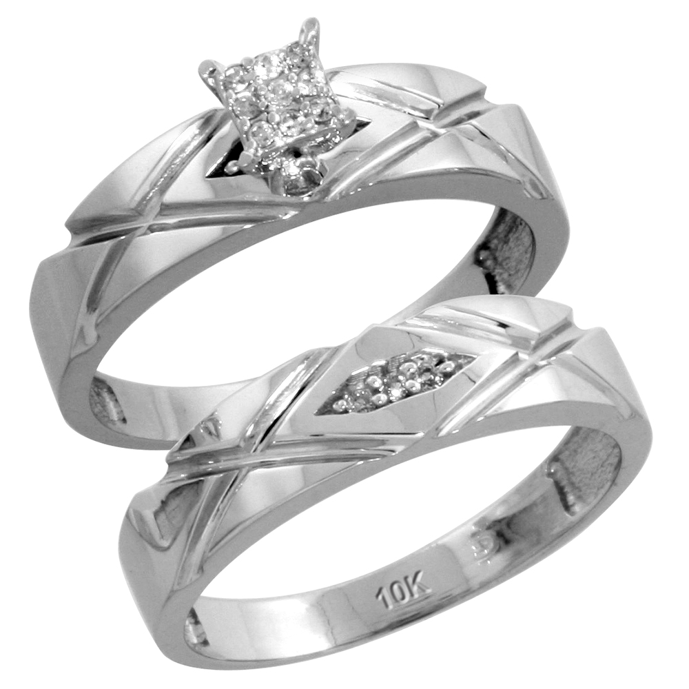 10k White Gold Diamond Trio Wedding Ring Set 3-piece His & Hers 6 & 5 mm 0.12 cttw, sizes 5 14