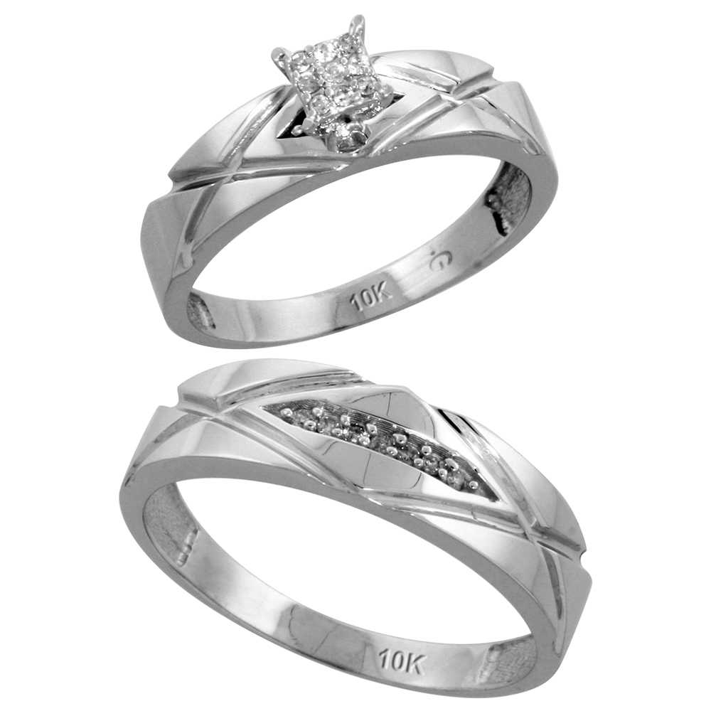 10k White Gold Diamond Engagement Rings Set for Men and Women 2-Piece 0.10 cttw Brilliant Cut, 5mm & 6mm wide