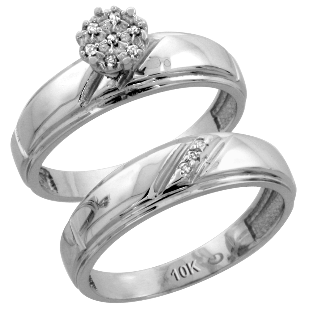 10k White Gold Diamond Engagement Rings Set for Men and Women 2-Piece 0.07 cttw Brilliant Cut, 5.5mm & 7mm wide