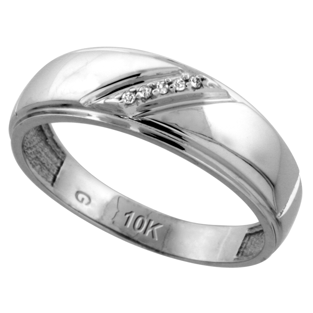 10k White Gold Mens Diamond Wedding Band, 1/4 inch wide