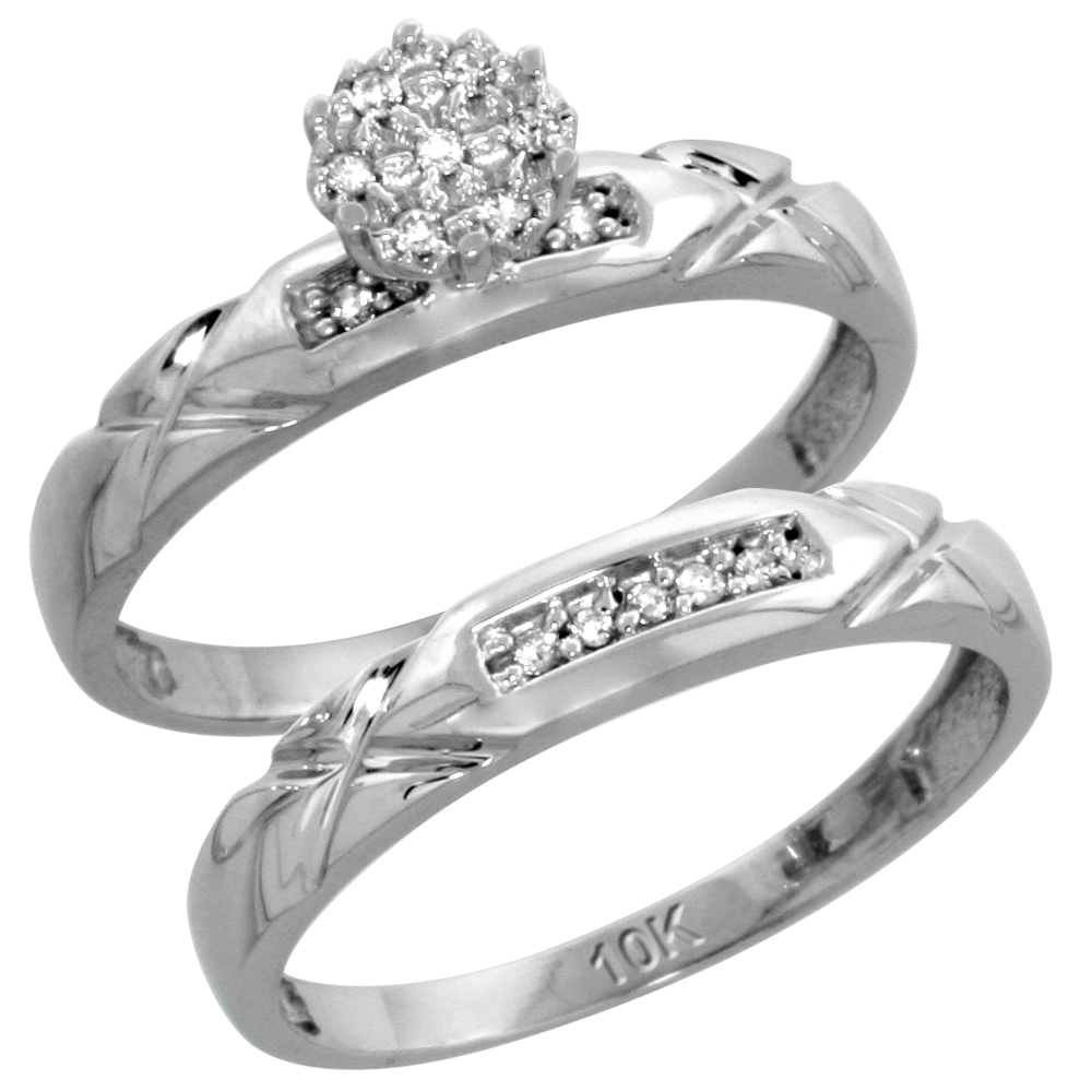 10k White Gold Diamond Engagement Rings Set for Men and Women 2-Piece 0.10 cttw Brilliant Cut, 4 mm & 3.5 mm wide