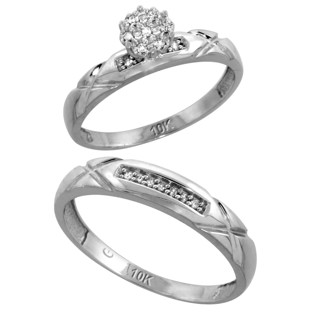 10k White Gold Diamond Engagement Rings Set for Men and Women 2-Piece 0.10 cttw Brilliant Cut, 4 mm & 3.5 mm wide