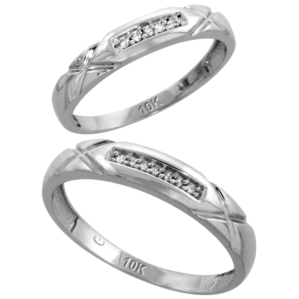 10k White Gold Diamond 2 Piece Wedding Ring Set His 4mm & Hers 3.5mm, Men's Size 8 to 14