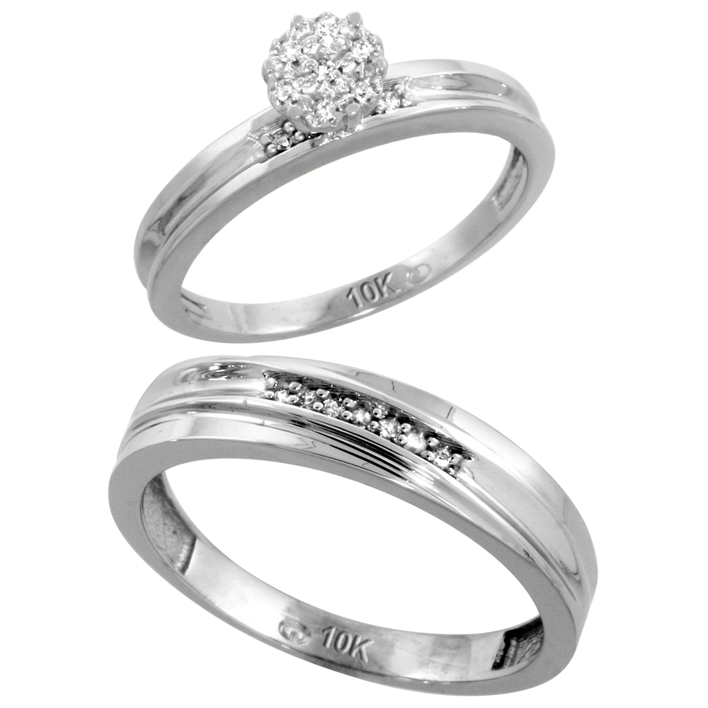 10k White Gold Diamond Engagement Rings Set for Men and Women 2-Piece 0.09 cttw Brilliant Cut, 5 mm & 3 mm wide