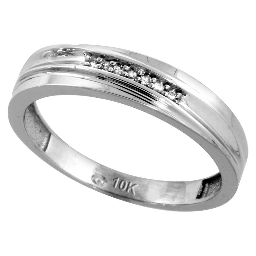 10k White Gold Mens Diamond Wedding Band, 3/16 inch wide