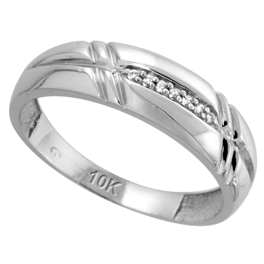 10k White Gold Mens Diamond Wedding Band, 1/4 inch wide