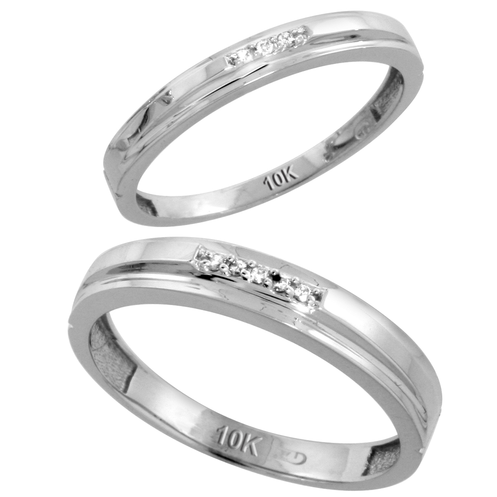 10k White Gold Diamond 2 Piece Wedding Ring Set His 4mm &amp; Hers 3mm, Men&#039;s Size 8 to 14