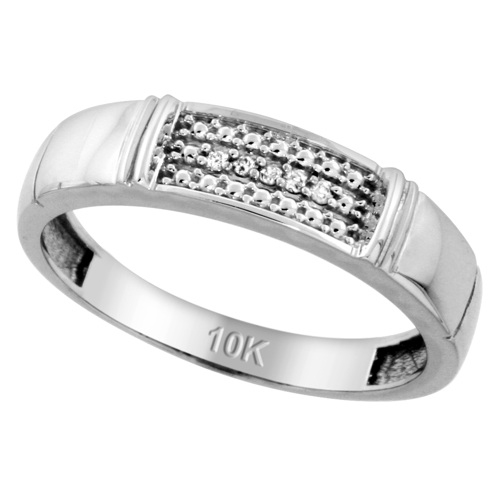 10k White Gold Mens Diamond Wedding Band, 3/16 inch wide