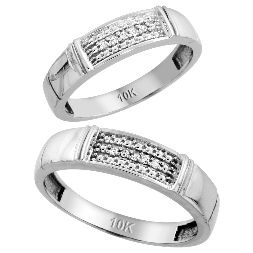 10k White Gold Diamond 2 Piece Wedding Ring Set His 5mm &amp; Hers 4.5mm, Men&#039;s Size 8 to 14