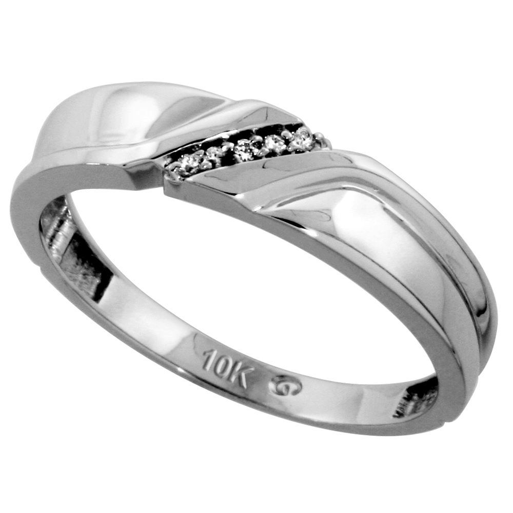 10k White Gold Mens Diamond Wedding Band, 3/16 inch wide